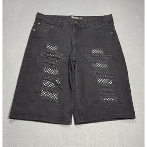 GS-115 Distressed Denim Shorts Mens 38 Black Star Patchwork 13" Inseam Y2K
